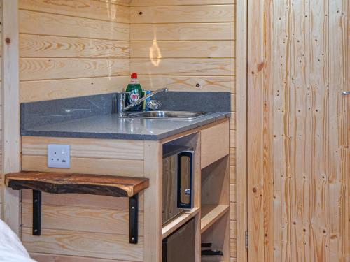 - une salle de bains pourvue d'un lavabo dans une cabine en bois dans l'établissement Cwt Celyn-qu7605, à Llangerniew