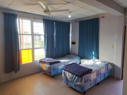 a room with two beds and a window with blue curtains at Depto monoambiente temporario in Resistencia