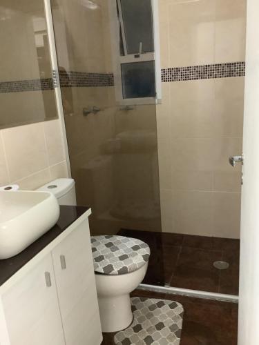 ein Bad mit einem WC, einem Waschbecken und einer Dusche in der Unterkunft Ap Girassol 77 in São Paulo