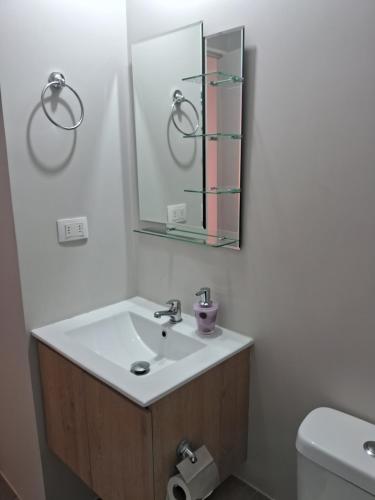 a bathroom with a sink and a mirror and a toilet at Departamento in Puerto Montt