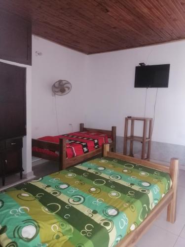 a bedroom with two beds and a flat screen tv at casa de relajacion lowcost in La Dorada