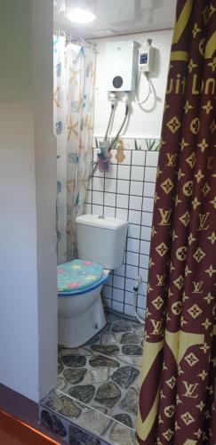 y baño con aseo y cortina de ducha. en Cozy TinyHouse near SM & Bagasbas Beach w/parking, en Daet