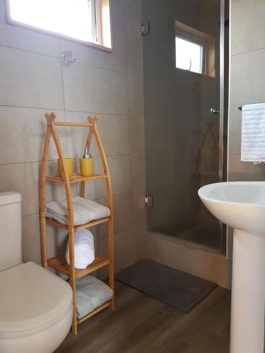 een badkamer met een douche, een toilet en een wastafel bij Cabañas Piedra Negra, Los Molles in La Ligua