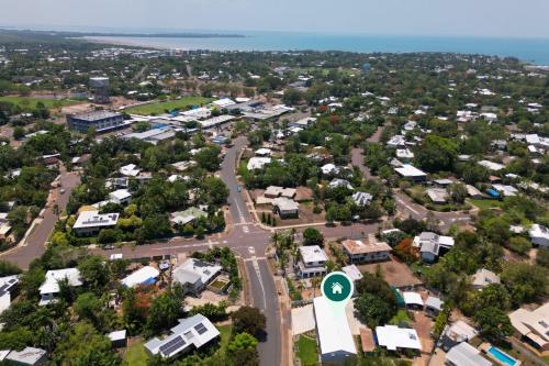 an aerial view of a town with houses and roads at 'Botanica Fresca' Chic Nightcliff Convenience in Darwin