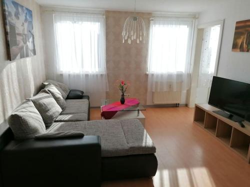 uma sala de estar com um sofá e uma televisão de ecrã plano em Apartment Irina em Pirmasens