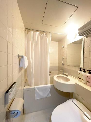 a bathroom with a sink and a toilet and a mirror at Hotel Royal Oak Gotanda in Tokyo