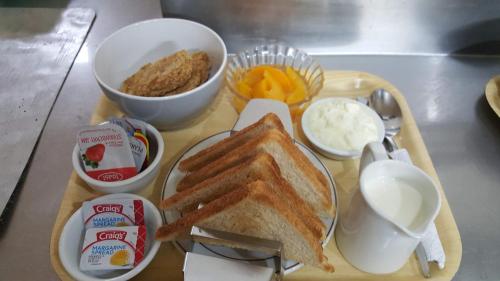 a tray with a sandwich and other food on a table at Ruapehu Mountain Motel & Lodge in Ohakune