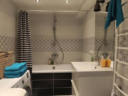 een badkamer met een bad, een wastafel en een douche bij River Vilnele View Studio in Vilnius