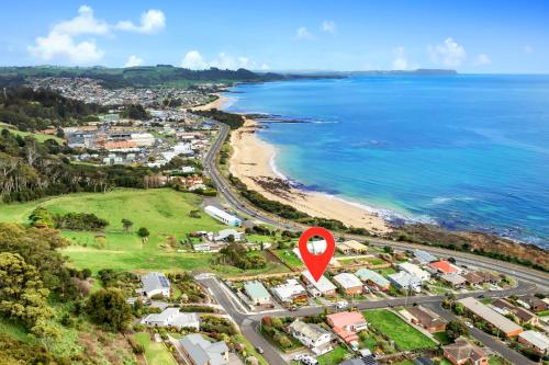 an aerial view of a beach with a red marker at Stunning Ocean View Perfect For Groups & Families in Cooee