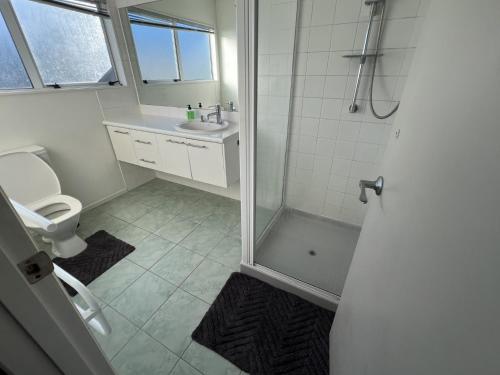 a bathroom with a shower and a toilet and a sink at Marvelous Munro in Hamilton