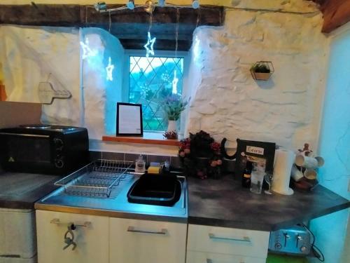 a kitchen with a counter top with a stove and a window at Yr Hen Efail - Quirky Old Smithy cottage near forest walks, cycling & lakes in Garthbeibio