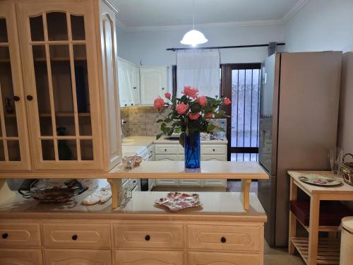 雷夫卡達鎮的住宿－雷夫卡達中心公寓，厨房配有一张桌子,上面放着花瓶