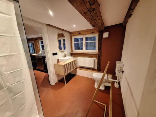 ブーコーにあるAlte Schmiede Buckowのバスルーム(トイレ、洗面台付)、窓が備わります。