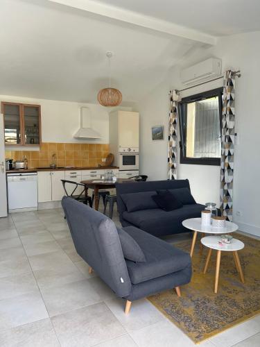 un salon avec un canapé bleu et une cuisine dans l'établissement Gîte Crest, avec terrasse et piscine., à Crest