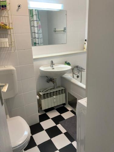 uma casa de banho com um lavatório, um WC e um espelho. em STUDIO APP STELLA Dnevni najam stana Jarun Zagreb SELF-CHECK-IN em Zagreb