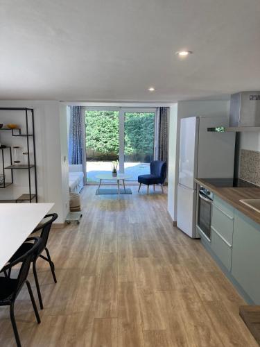 une cuisine et un salon avec une table et des chaises dans l'établissement Appartement T2 rez de chaussée villa Les Tamaris Aix-les-Bains, à Aix-les-Bains