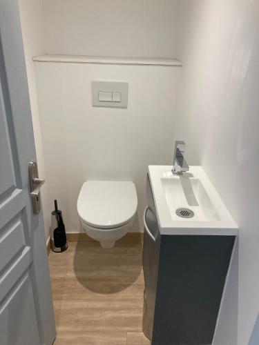 une salle de bain avec des toilettes blanches et un lavabo dans l'établissement Appartement T2 rez de chaussée villa Les Tamaris Aix-les-Bains, à Aix-les-Bains