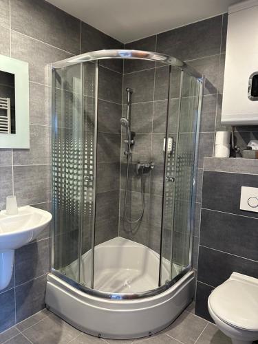 a shower in a bathroom with a sink and a toilet at Penzion Blatnička in Blatnička