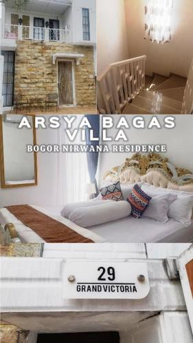 eine Collage aus zwei Bildern eines Zimmers mit einem Bett in der Unterkunft Arsya Bagas Villa in Bogor