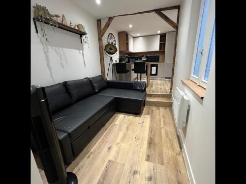 un salon avec un canapé noir et une cuisine dans l'établissement Tonnelet Rouge - Appt au cœur de la ville, à Strasbourg