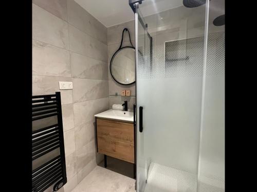 W łazience znajduje się prysznic i umywalka. w obiekcie Tonnelet Rouge - Appt au cœur de la ville w Strasburgu