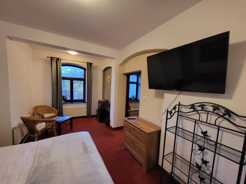 a bedroom with a bed and a flat screen tv at Apartamenty Amadeus in Stronie Śląskie