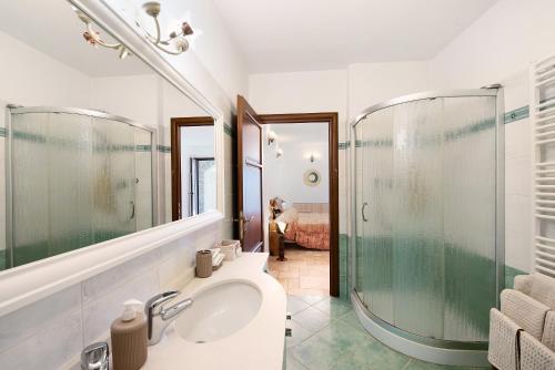 CampomoroneにあるBaia di Campoのバスルーム(洗面台、ガラス張りのシャワー付)