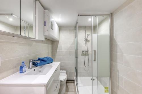 ein Bad mit einer Dusche, einem Waschbecken und einem WC in der Unterkunft Studio cosy - 35m2 - Paris -Disneyland - Rer A in Noisy-le-Grand