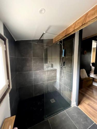 a bathroom with a shower with a glass door at Appartement Font-Romeu 2/4 pers. in Font-Romeu-Odeillo-Via