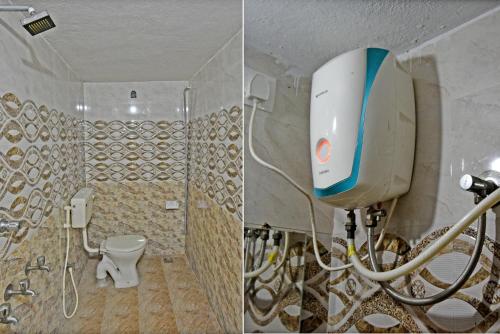 2 fotografias de uma casa de banho com um chuveiro e um WC em Coral Home Stay em Pondicherry