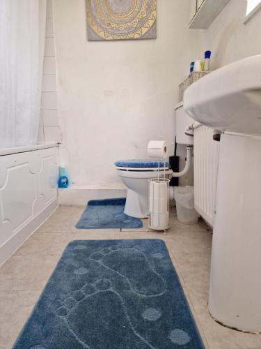 a bathroom with two rugs on the floor and a toilet at Spacious and homely one bedroom in London