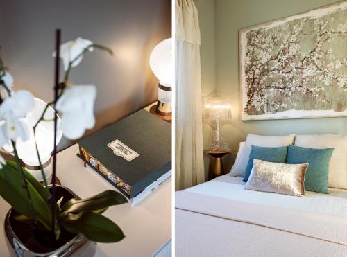 sypialnia z łóżkiem i stołem z książką w obiekcie Villa Belvedere w mieście Bertinoro