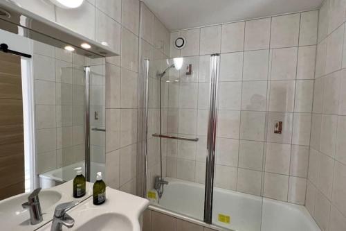 y baño con ducha y lavamanos. en Spacieux T2 idéalement placé, en Toulouse