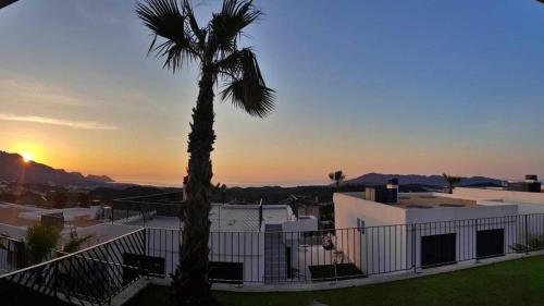 a palm tree in front of a house with the sunset at Casa con piscina climatizada y vistas al mar in Polop