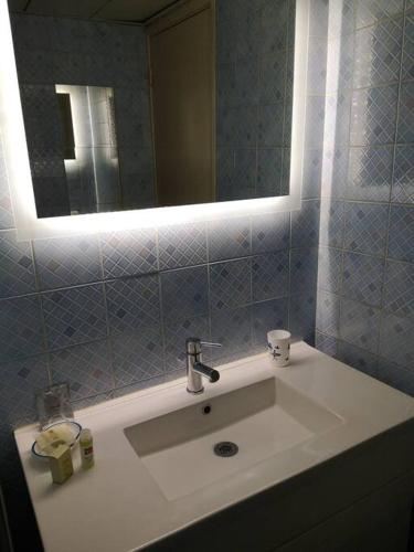 une salle de bain avec un lavabo et un miroir dans l'établissement LE PETIT BESSE - Calme - Centre Ville - Thermes, à Vichy