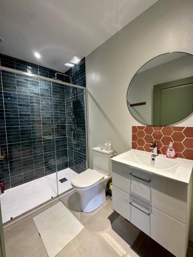 une salle de bain avec toilettes, lavabo et douche dans l'établissement Limoges Sud-LesCinqSuites Le Saint Laurent-DABNB, à Limoges