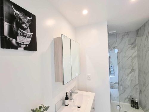 a bathroom with a sink and a mirror and a shower at Elegant CBD Apartment in Christchurch