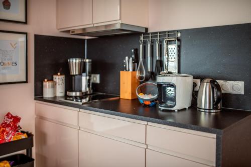 a kitchen with a counter top with a coffee maker at Floatinghouses Bärwalder See in Klitten