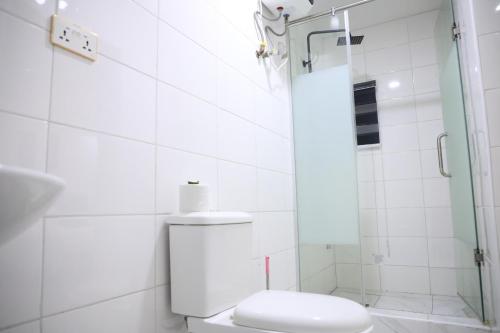 a white bathroom with a toilet and a shower at D & D Apartments in Abuja