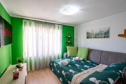 羅阿納的住宿－Asiago Relax - Casa Moderna & Atmosfera Accogliente，带沙发和绿色墙壁的客厅