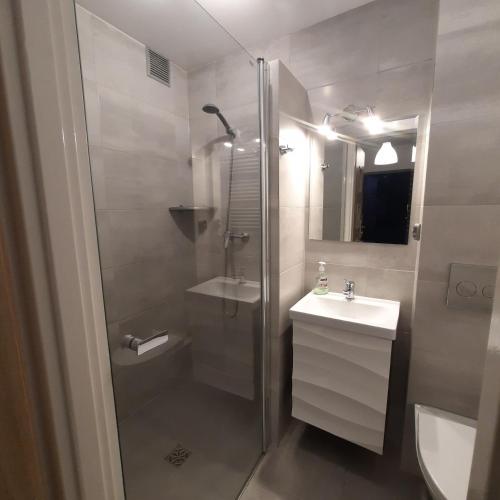 a bathroom with a shower and a sink at Na Spokojnej Rodzinne Wakacje in Pogorzelica