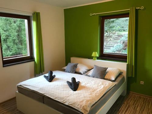 Un dormitorio con paredes verdes y una cama con dos zapatos negros. en Bystrá Apartments Deer and Wolf, en Bystrá