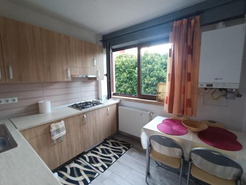 a kitchen with a table with chairs and a window at Daylight Apartments Sibiu in Sibiu