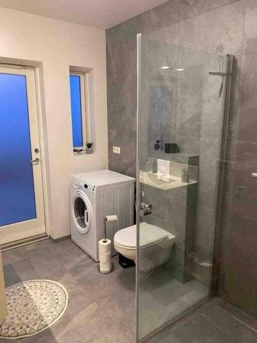 ein Bad mit einer Dusche, einem WC und einer Waschmaschine in der Unterkunft Efri-Rauðilækur in Hörgársveit in Akureyri