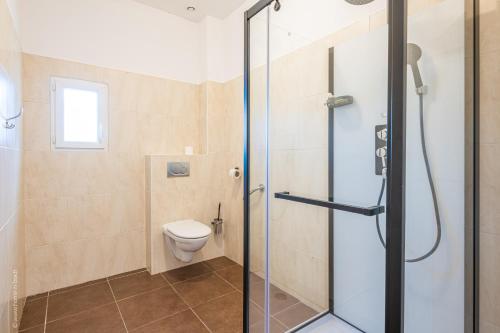 a bathroom with a toilet and a glass shower at Logis de beauce in Boisgasson