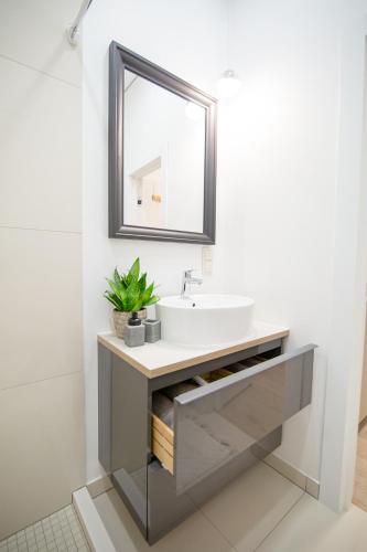 a bathroom with a sink and a mirror at Lukiskes square apartment (Oldtown) in Vilnius