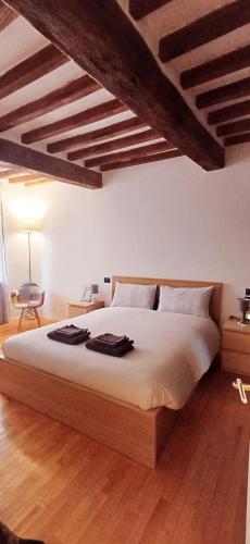 um quarto com uma cama grande e pisos em madeira em Romeo's House em Parma
