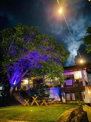 a building with purple lights on it at night at Emma's Sea View in Hiriketiya