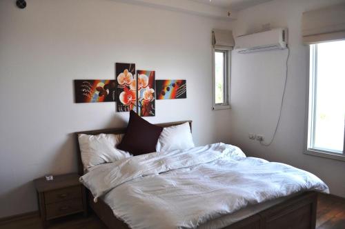 a bed in a bedroom with pictures on the wall at Shmulik Galilee in Lavon