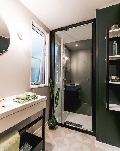 a bathroom with a shower and a sink and a mirror at Regenbogen Tossens in Butjadingen
